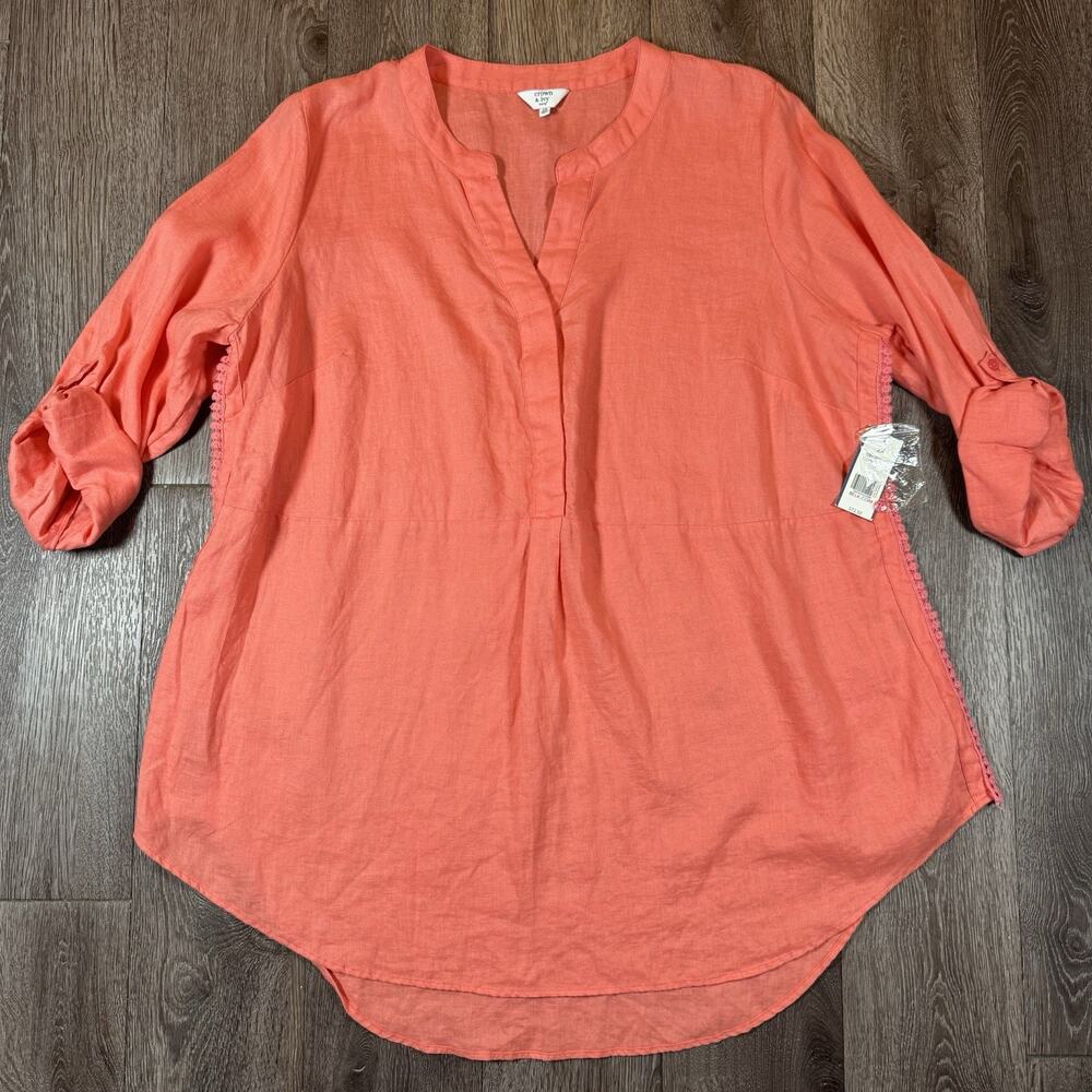 New Crown & Ivy Women's Sz 2X Orange Long Sleeves Linen Tunic Top